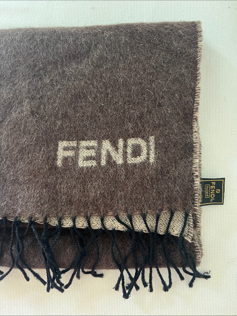 Fendi Brown and Cream Logo Fringe Wool Scarf